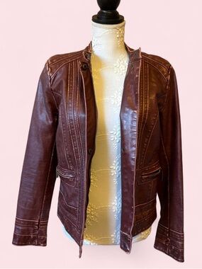 Le Château Women's Burgundy Faux Leather Moto Jacket